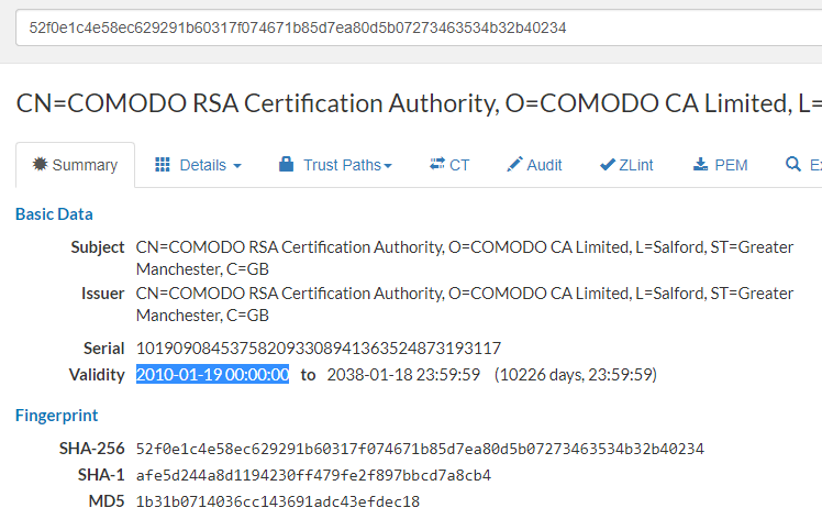Checking details of a root certificate